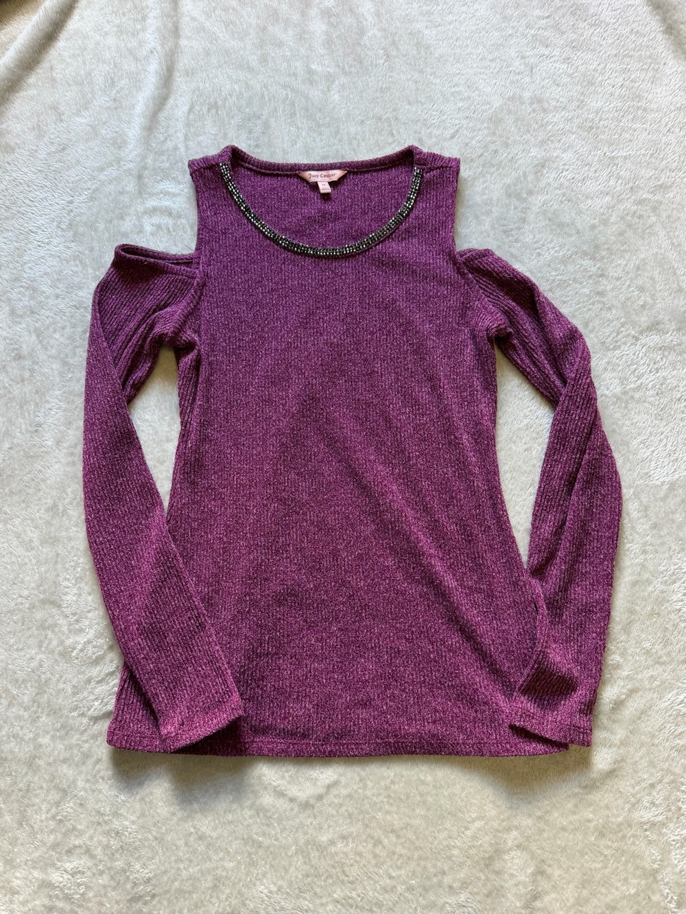 Juicy Couture Plum Cold-Shoulder Long Sleeve Top with Beaded Neckline